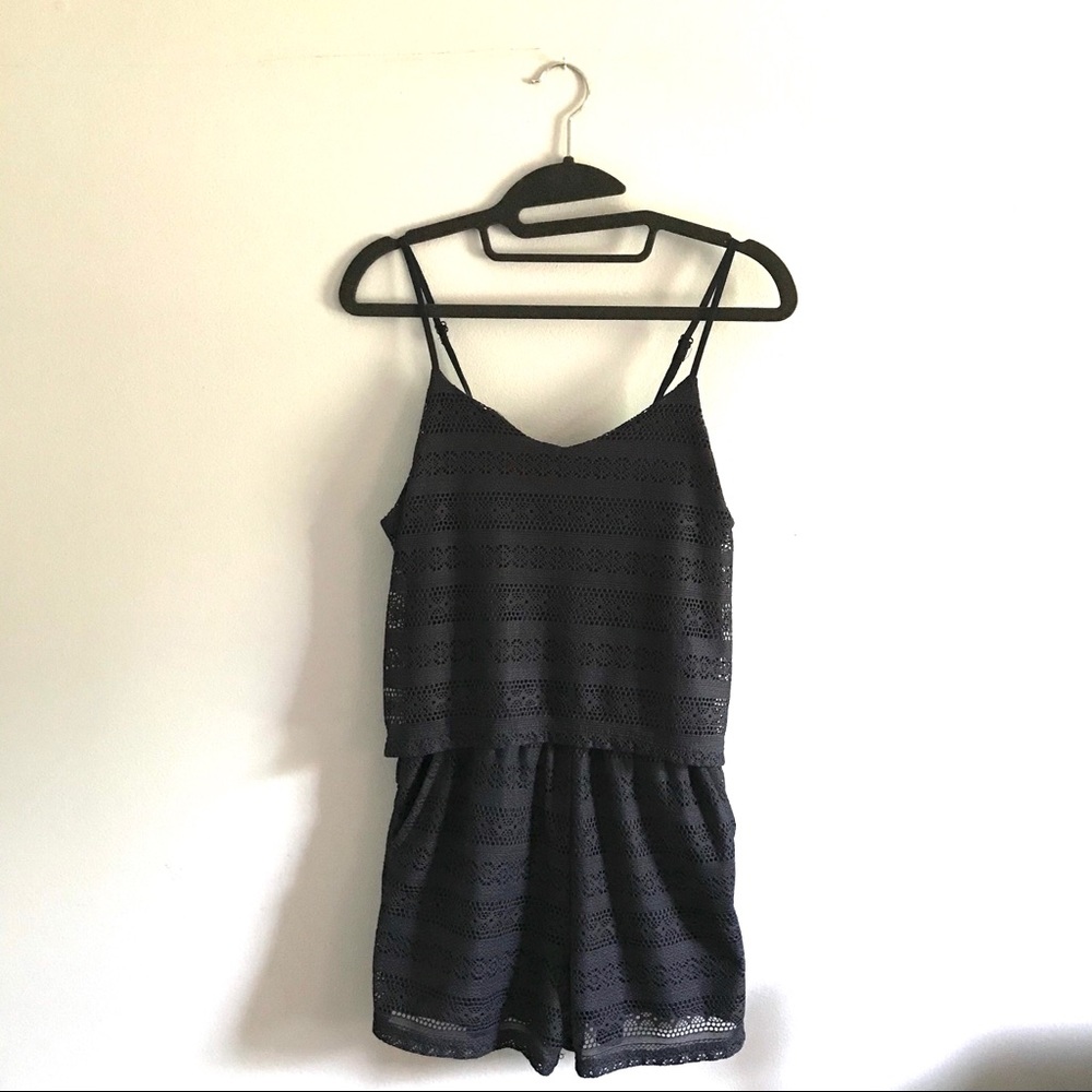 Rewind Dark Blue Lace Romper with Pockets